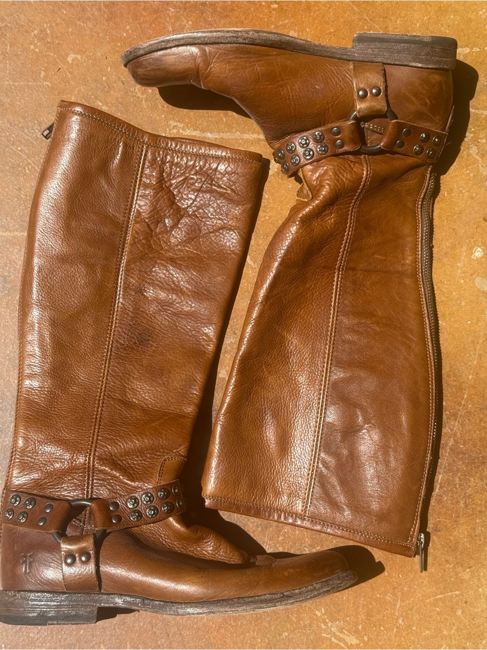 FRYE AND CO. Brown Leather Studded Mid-Calf Harness Boots